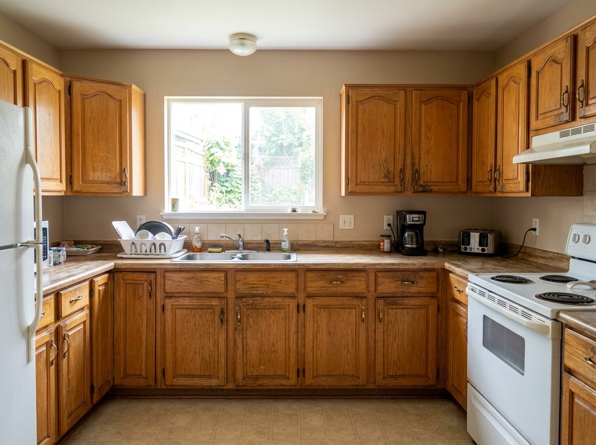 Before: Denver metro · Kitchen cabinet refinish · Deep navy, sprayed finish