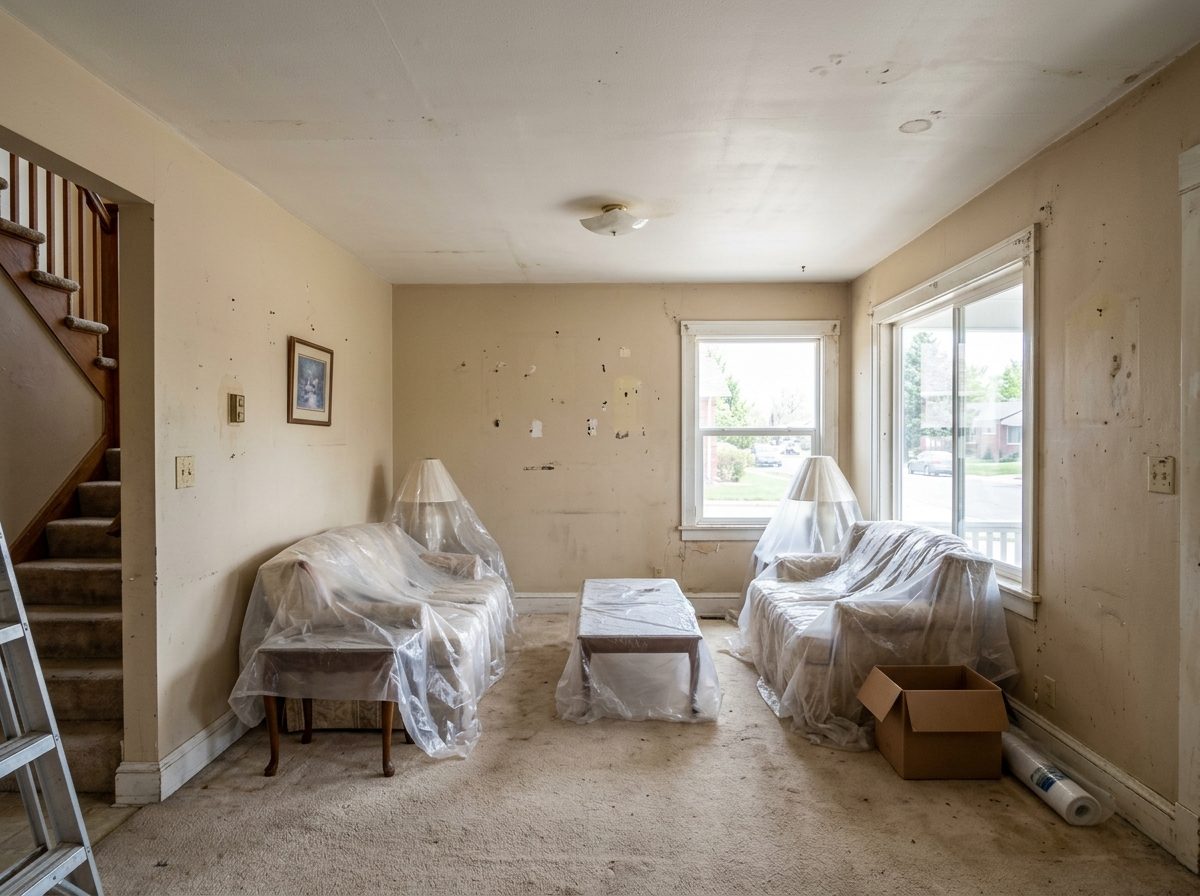 Before: Denver metro · Living room repaint · Warm greige, white trim